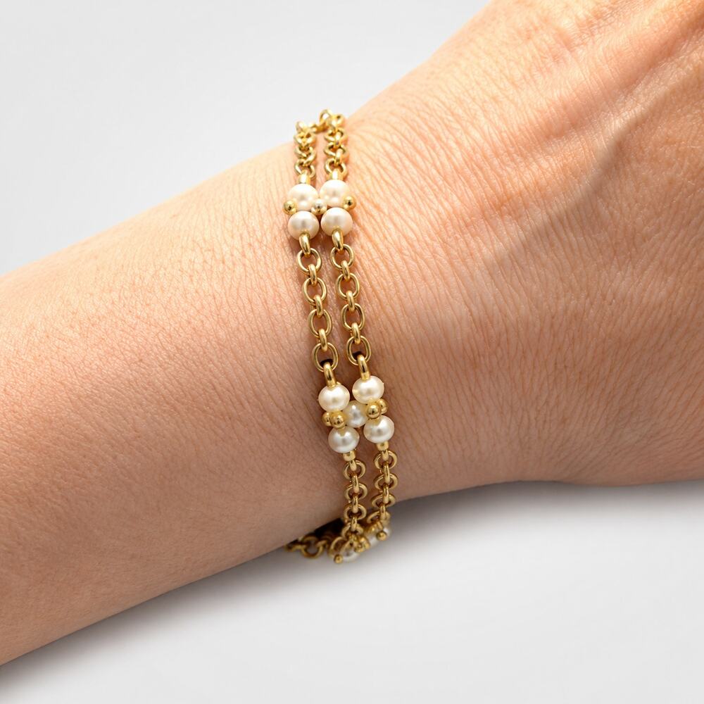 Rhinestone Flower Link Bracelet 7" long Gold-tone Faux Pearl Double Stran gbr-73